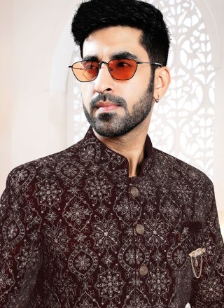 Maroon Velvet Print Work Indo Western Sherwani for Ceremonial