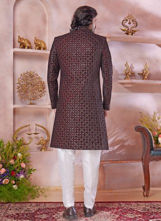 Maroon Velvet Sherwani Mens Wear with Machine Embroidery Work for Men