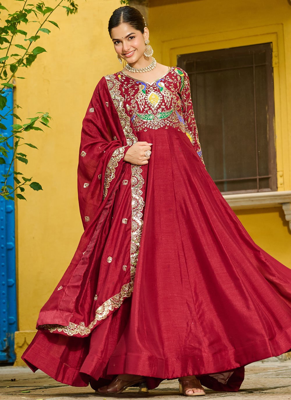 Buy Maroon Vichitra Silk Designer Gown with Embroidered and Thread