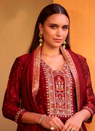 Maroon Vichitra Silk Embroidered and Hand Work Salwar Suit