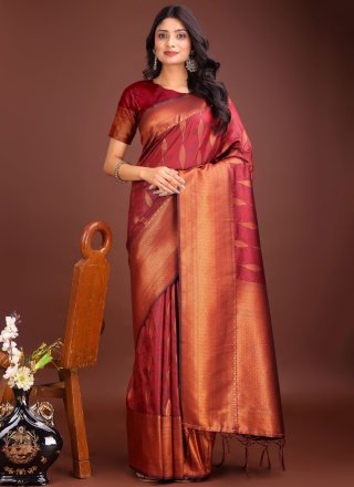 Maroon Weaving Work Banarasi Silk Designer Sari