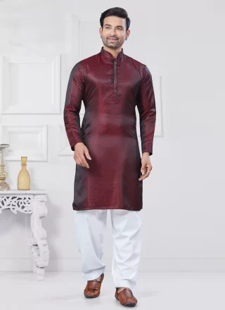 Maroon Weaving Work Jacquard Silk Kurta Pyjama
