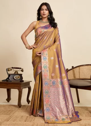 Marvelous Gold Silk Classic Sari with Jacquard and Woven Work