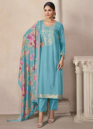Maslin Silk Trendy Suit In Aqua Blue