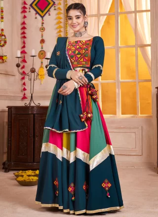 Masterly Morpeach and Teal Cotton Readymade Lehenga Choli