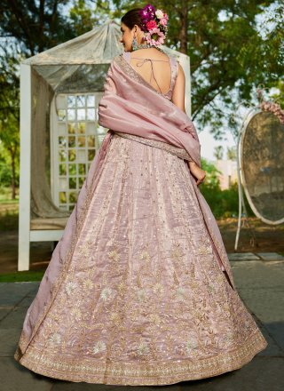 Masterly Pink Tissue A - Line Lehenga Choli with Embroidered, Sequins and Zari Work