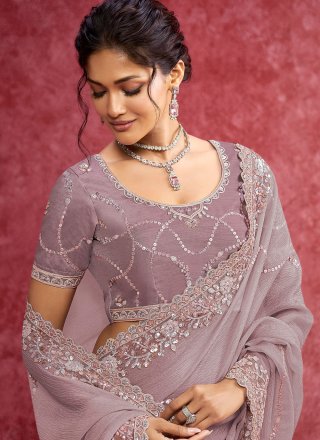 Mauve Banarasi Silk Traditional Saree with Patch Border, Cut, Embroidered, Sequins and Thread Work for Ceremonial