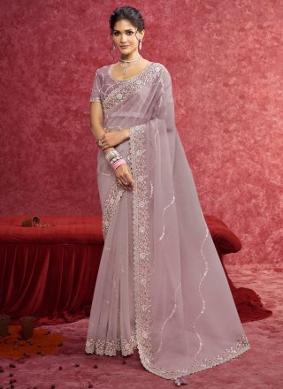 Mauve Banarasi Silk Traditional Saree with Patch Border, Cut, Embroidered, Sequins and Thread Work for Ceremonial