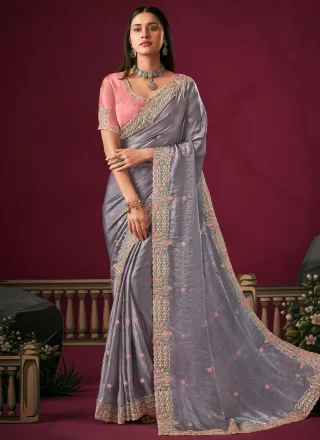 Mauve Booti, Cut, Embroidered and Zari Work Silk Traditional Saree