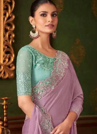 Mauve Chiffon Trendy Saree with Patch Border, Embroidered and Sequins Work for Ceremonial