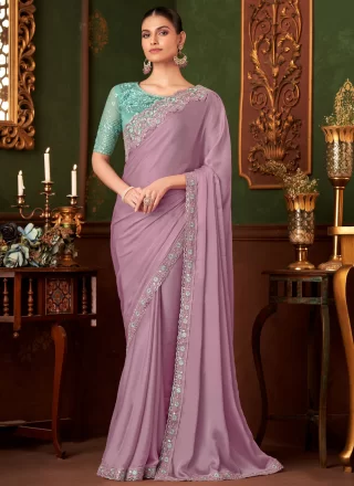 Mauve Chiffon Trendy Saree with Patch Border, Embroidered and Sequins Work for Ceremonial