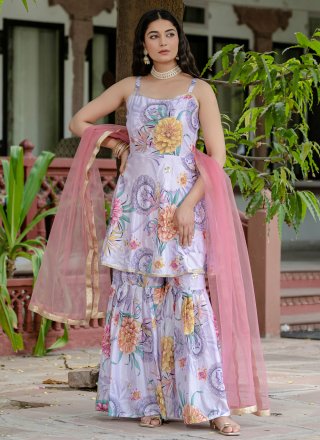 Mauve Chinon Salwar Suit with Floral Patch and Lace Work for Ceremonial