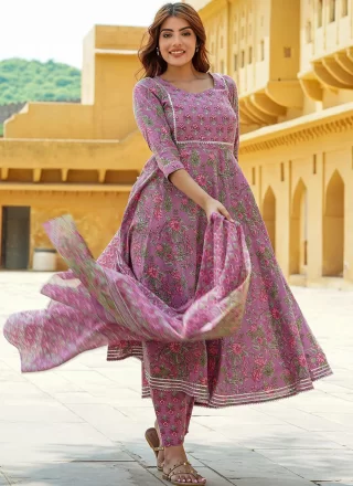 Mauve Cotton Floral Patch Work Readymade Salwar Suit for Women