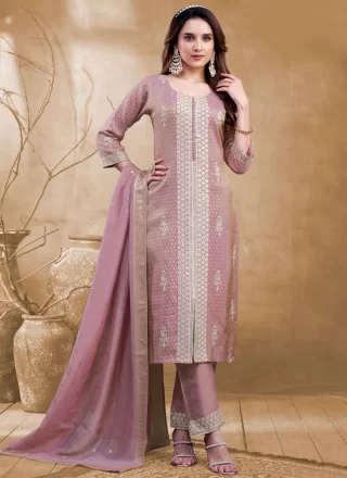 Mauve Embroidered and Zari Work Silk Readymade Salwar Suit