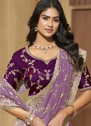 Mauve Georgette Classic Sari with Cord, Diamond and Thread Work