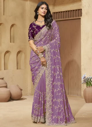 Mauve Georgette Classic Sari with Cord, Diamond and Thread Work