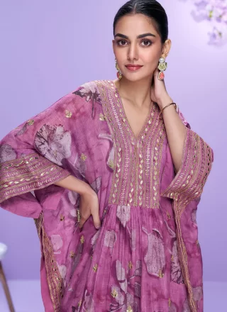 Mauve Georgette Digital Print, Embroidered and Zari Work Palazzo Salwar Suit for Women
