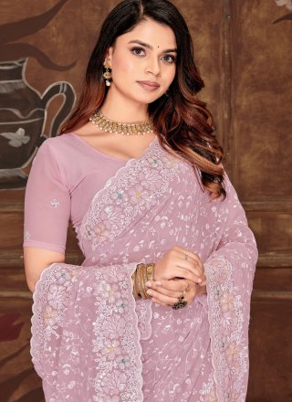 Mauve Georgette Embroidered, Resham and Sequins Work Trendy Saree for Ceremonial
