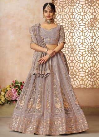 Mauve Net Embroidered, Stone, Thread, Weaving and Zari Work Lehenga Choli for Ceremonial