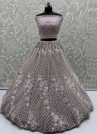 Mauve Net Lehenga Choli with Beads, Crystals, Dori, Embroidered, Fancy, Floral Patch, Hand, Moti and Sequins Work