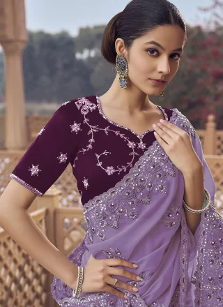 Mauve Organza Cord, Cut, Embroidered, Hand and Zari Work Designer Saree for Party