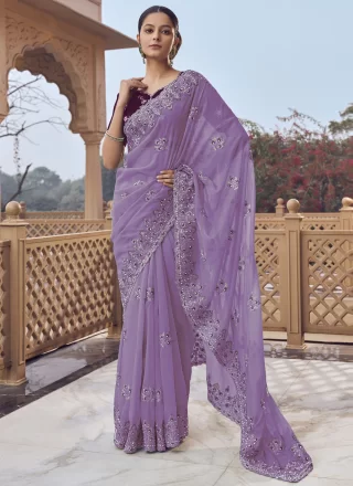 Mauve Organza Cord, Cut, Embroidered, Hand and Zari Work Designer Saree for Party