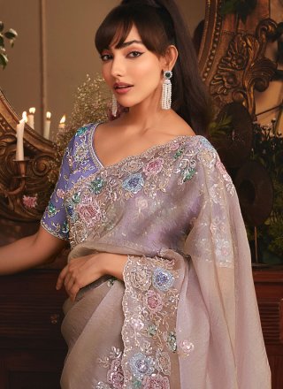 Mauve Organza Patch Border, Cut, Embroidered, Sequins and Zari Work Classic Sari for Engagement