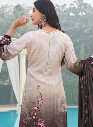 Mauve Pure Crepe Trendy Suit with Floral Patch and Print Work for Ceremonial