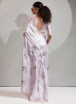 Mauve Satin Silk Cut, Foil Print and Zircon Work Designer Sari