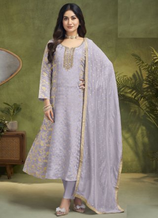 Mauve Silk Embroidered and Zari Work Readymade Salwar Suit
