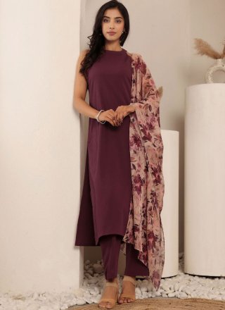 Mauve Silk Plain Work Salwar Suit for Women