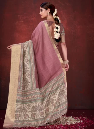 Mauve Silk Print Work Classic Sari for Casual