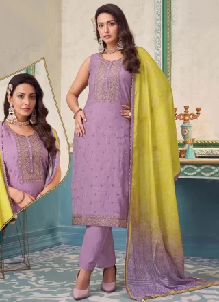 Mauve Silk Salwar Suit with Buttons and Embroidered Work