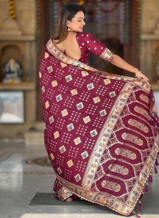 Meenakari and Weaving Work Pure Dola Contemporary Saree In Maroon Color