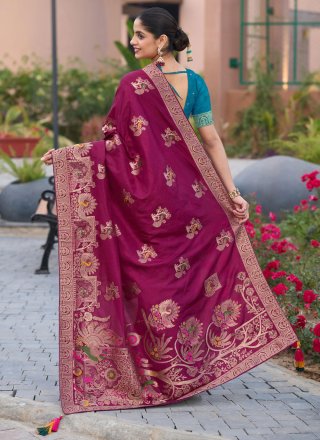 Meenakari, Swarovski, Woven and Zari Work Pure Dola Trendy Saree In Purple