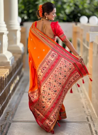 Meenakari, Weaving and Zari Work Silk Classic Saree In Orange for Ceremonial