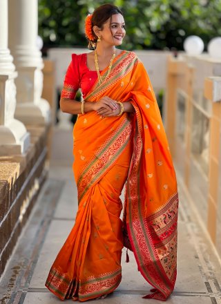 Meenakari, Weaving and Zari Work Silk Classic Saree In Orange for Ceremonial