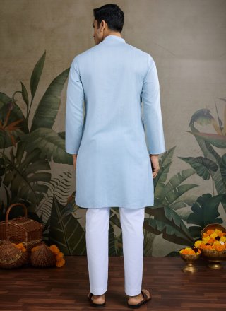 Men Aqua Blue Rayon Kurta Mens Wear with Mirror Work