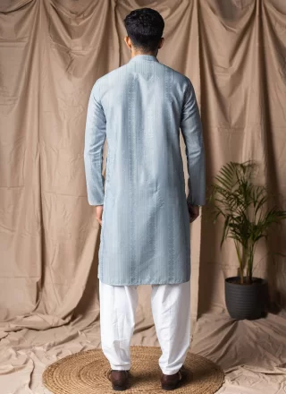 Men Aqua Blue Rayon Kurta Pyjama with Embroidered and Thread Work