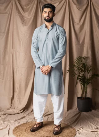Men Aqua Blue Rayon Kurta Pyjama with Embroidered and Thread Work