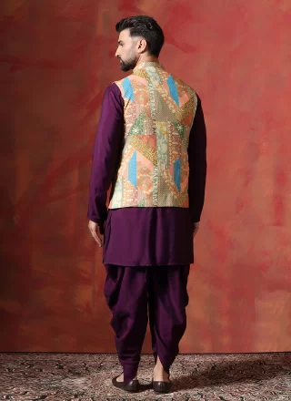 Men Beige and Purple Blended Cotton Dhoti Kurta with Print Work