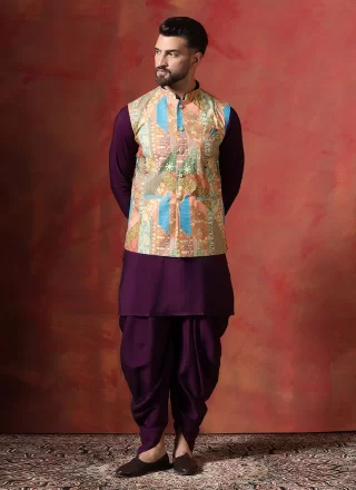 Men Beige and Purple Blended Cotton Dhoti Kurta with Print Work