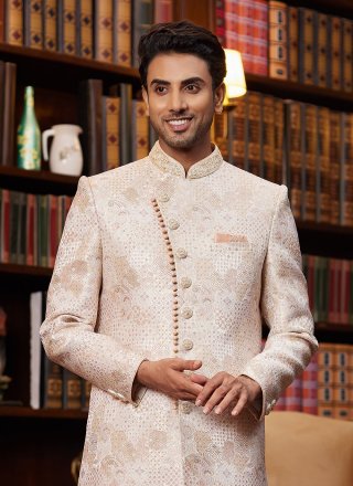 Men Beige Jacquard Silk Indo Western with Buttons and Fancy Work