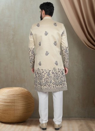 Men Beige Silk Embroidered, Sequins and Thread Work Indo Western