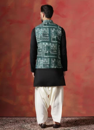 Men Black and Green Blended Cotton Kurta Payjama with Jacket with Print Work