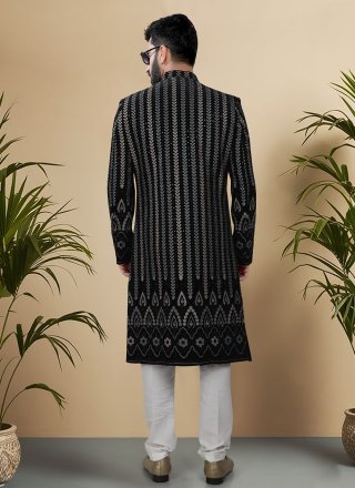 Men Black and Multi Colour Velvet Embroidered, Sequins and Thread Work Sherwani Mens Wear