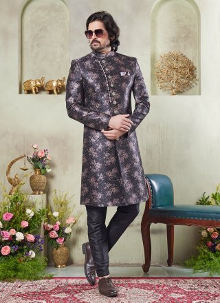 Men Black Art Silk Sherwani Mens Wear with Thread Work