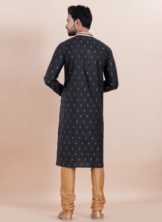 Men Black Cotton Silk Jacquard Work Kurta Pyjama