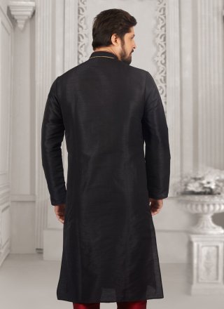 Men Black Dupion Silk Embroidered Work Kurta Mens Wear