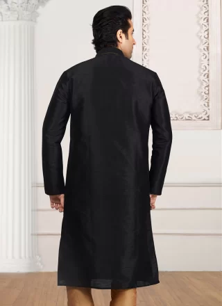 Men Black Dupion Silk Kurta Pyjama with Embroidered Work